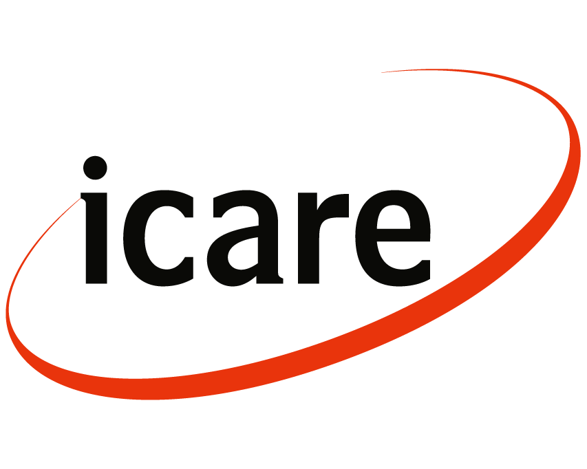 Logotipo de ICARE: la palabra 'icare' en negro, rodeada por una elipse roja ascendente que parte desde la "i" y llega por encima de la "e"